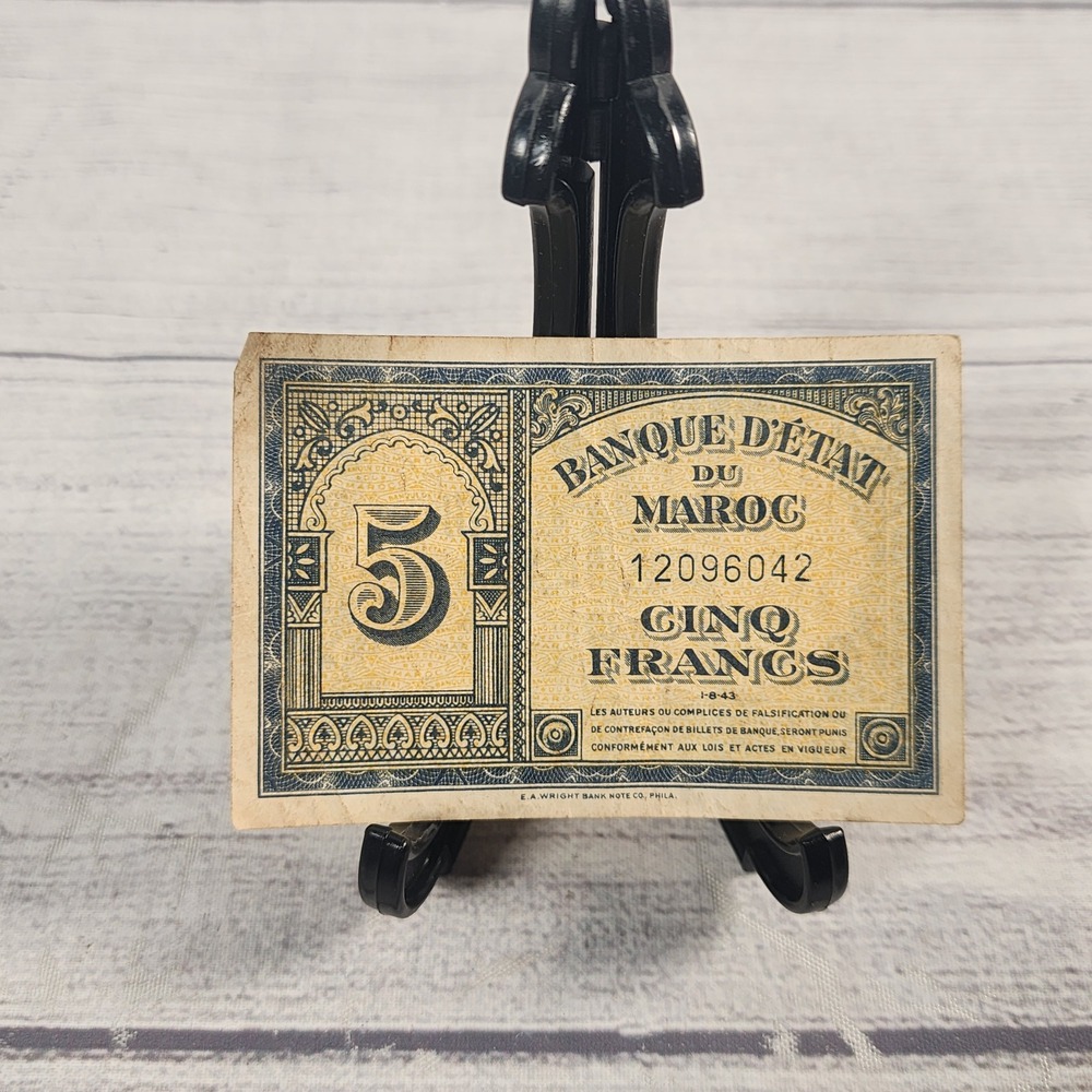 1943 Banque D'Etat Du Maroc 5 Cinq Francs Banknote Morocco WWII Currency